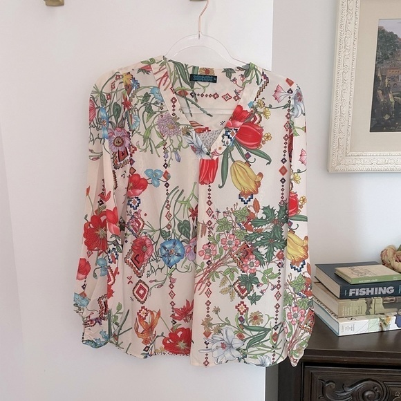 Floral Botanical Print Blouse animal print back long sleeve silky - Picture 1 of 7